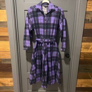 Vintage Laine Purple & Black Plaid Flannel Swing Dress w/belt, Size 5/6